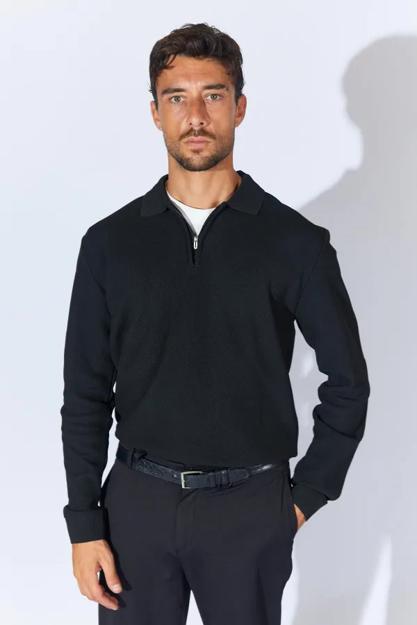 Men's Black Stand Collar Zippered Pique Knit Basic Sweater Men's Black Stand Collar Zippered Pique Knit Basic Sweater