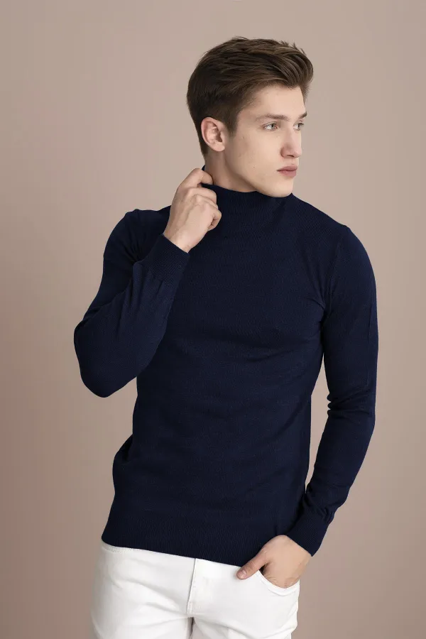 Pull col roulé basique en maille bleu marine mélangé pour homme Pull col roulé basique en maille bleu marine mélangé pour homme