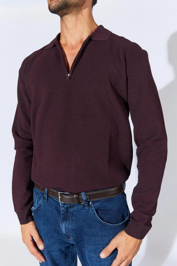 Men's Burgundy Stand Collar Zippered Pique Knit Basic Sweater Men's Burgundy Stand Collar Zippered Pique Knit Basic Sweater