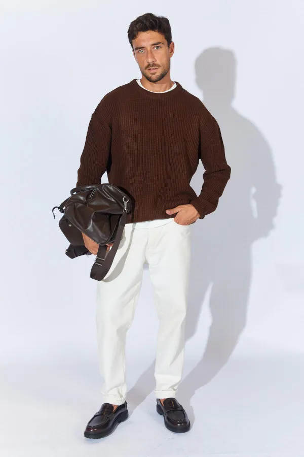 Pull ras du cou marron pour homme (TRZ050) Pull ras du cou marron pour homme (TRZ050)