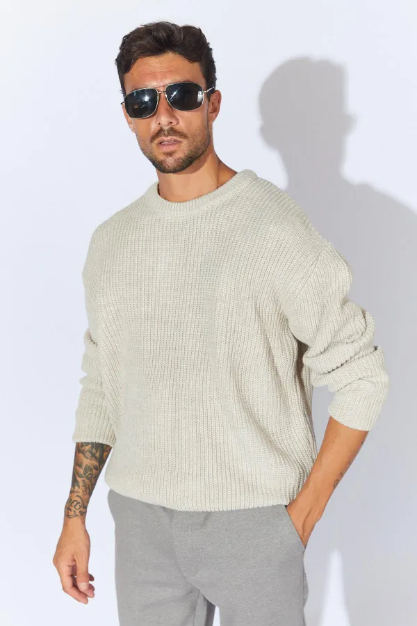 Pull col rond beige pour homme (TRZ050) Pull col rond beige pour homme (TRZ050)