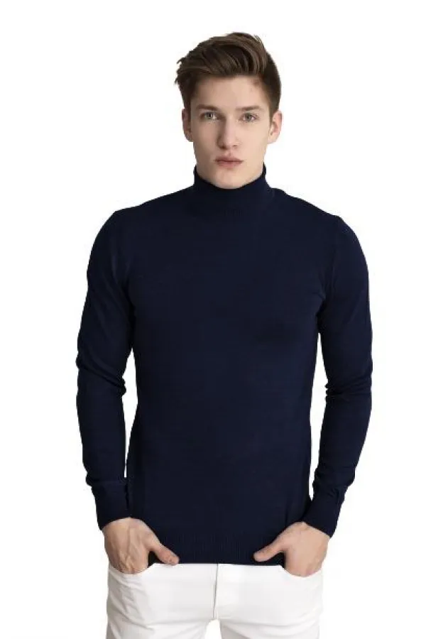 Pull col roulé basique en maille bleu marine mélangé pour homme Pull col roulé basique en maille bleu marine mélangé pour homme