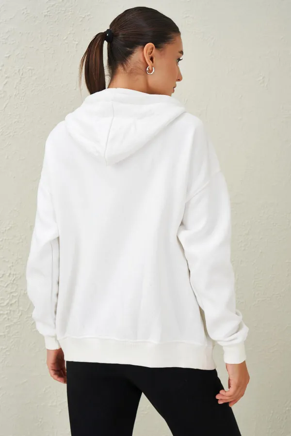 Women's Ecru Hooded Oversize Zippered Sweatshirt