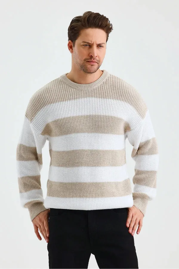 Pull rayé beige à col ras du cou pour homme Pull rayé beige à col ras du cou pour homme