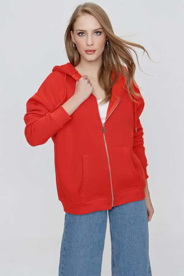 Sweat-shirt à capuche orange oversize zippé pour femme