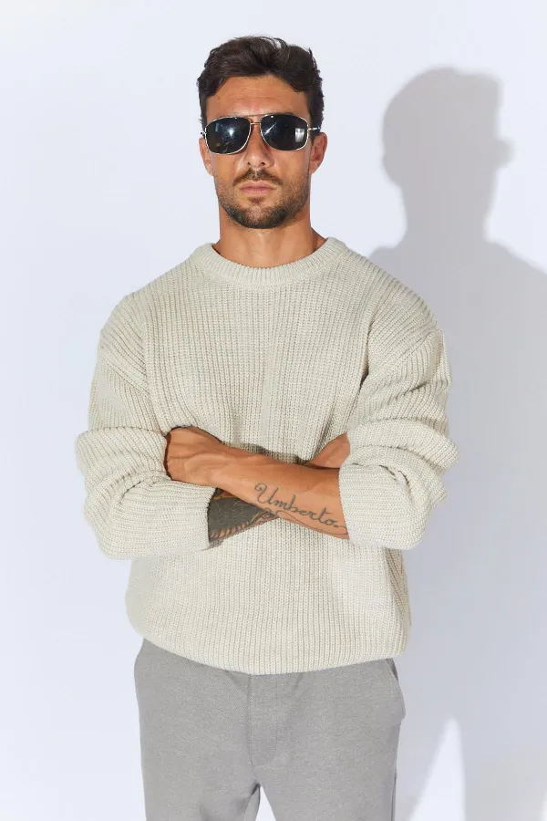 Pull col rond beige pour homme (TRZ050) Pull col rond beige pour homme (TRZ050)