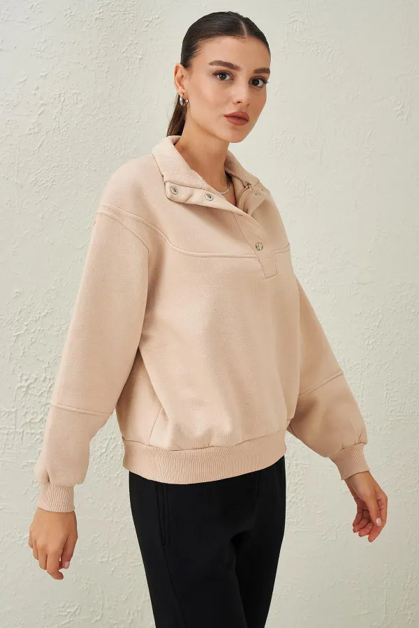 Kadın Taş ( 25130 ) Dik Yaka Önü Çıtçıtlı Üç İplik Sweatshirt