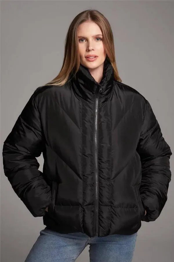 Women's Black Stand Collar Hidden Pocket Oversize Puffer Coat