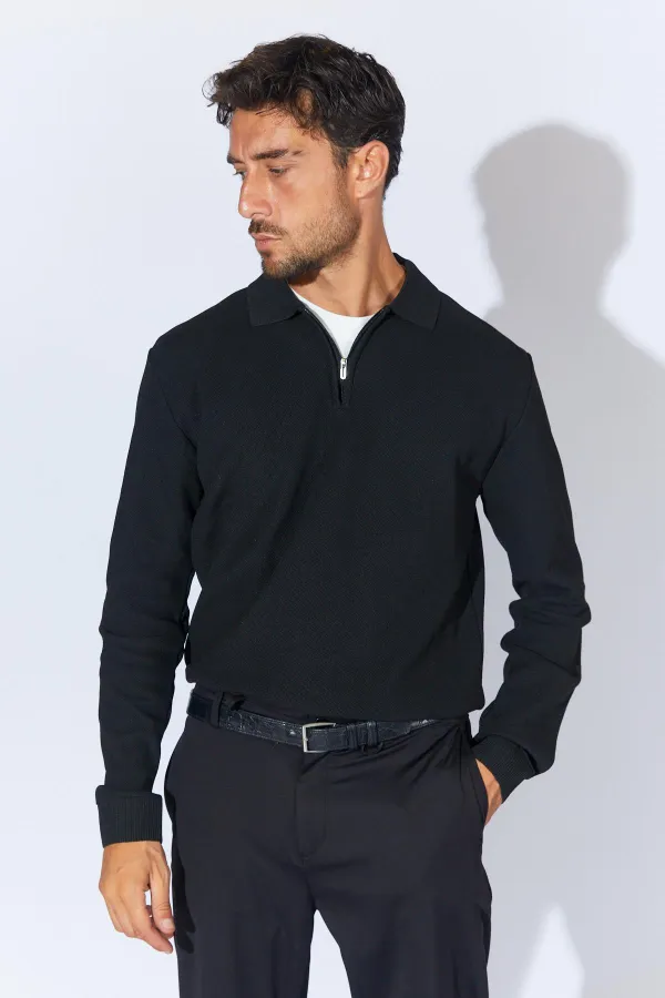 Men's Black Stand Collar Zippered Pique Knit Basic Sweater Men's Black Stand Collar Zippered Pique Knit Basic Sweater
