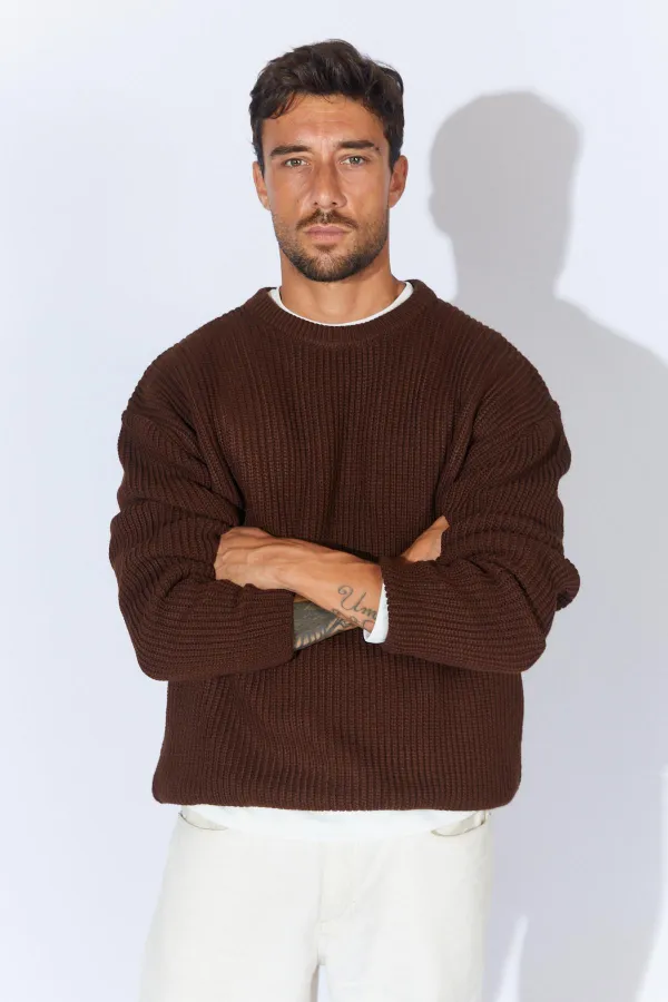 Pull ras du cou marron pour homme (TRZ050) Pull ras du cou marron pour homme (TRZ050)