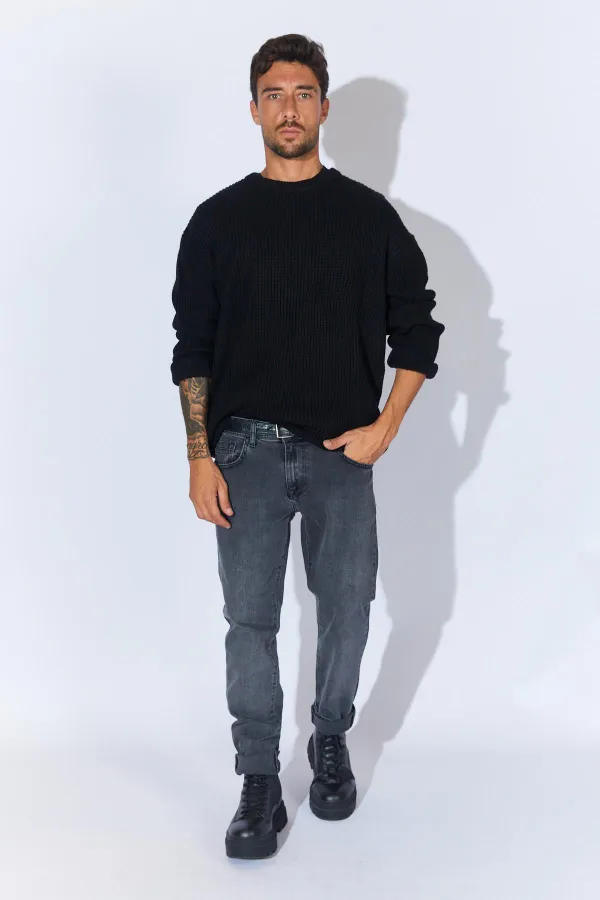 Pull ras du cou en maille noir pour homme (TRZ050) Pull ras du cou en maille noir pour homme (TRZ050)