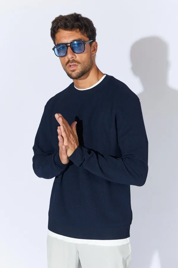 Men's Navy Blue Crew Neck Pique Knit Basic Sweater Men's Navy Blue Crew Neck Pique Knit Basic Sweater