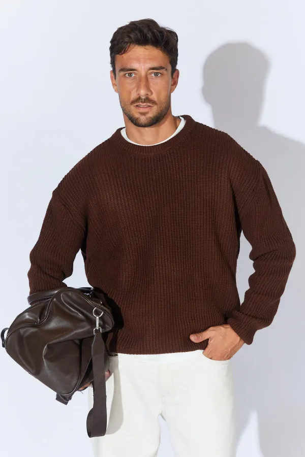 Pull ras du cou marron pour homme (TRZ050) Pull ras du cou marron pour homme (TRZ050)