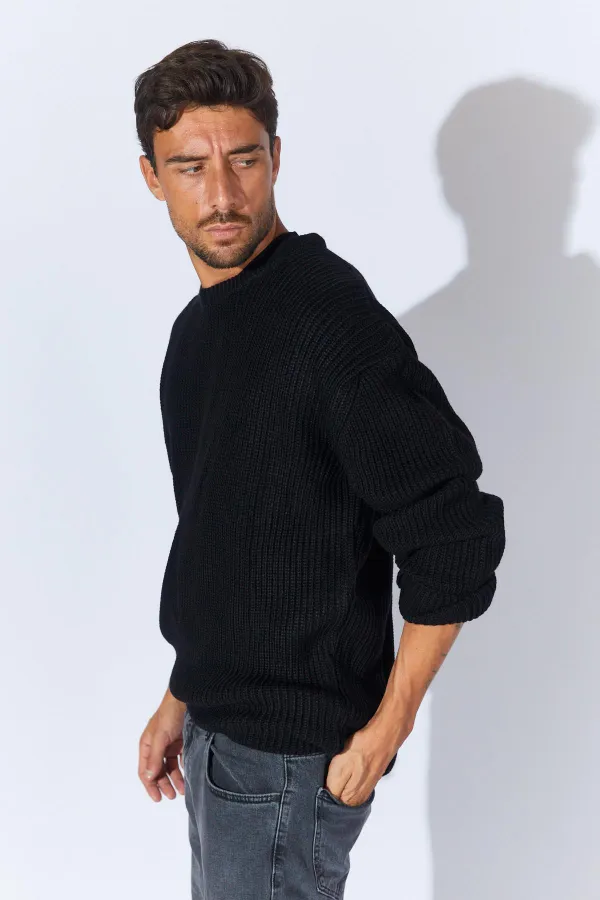 Pull ras du cou en maille noir pour homme (TRZ050) Pull ras du cou en maille noir pour homme (TRZ050)