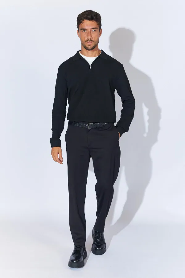 Men's Black Stand Collar Zippered Pique Knit Basic Sweater Men's Black Stand Collar Zippered Pique Knit Basic Sweater