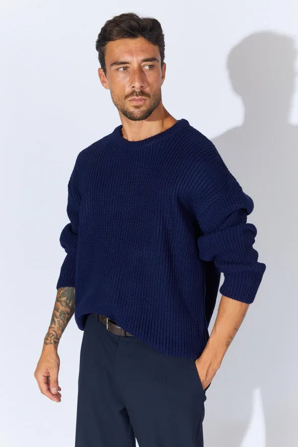 Men's Navy Blue (TRZ050) Crew Neck Knitted Sweater Men's Navy Blue (TRZ050) Crew Neck Knitted Sweater