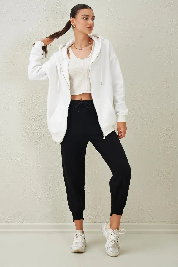 Women's Ecru Hooded Oversize Zippered Sweatshirt
