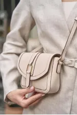 Tokalı Deri Görünümlü Mini  El ve Omuz Çantası Krem