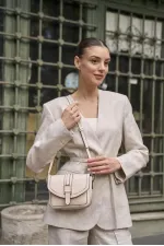 Tokalı Deri Görünümlü Mini  El ve Omuz Çantası Krem