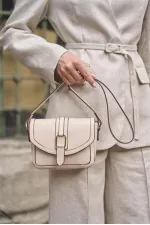 Tokalı Deri Görünümlü Mini  El ve Omuz Çantası Krem