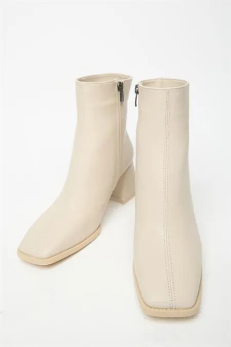 Kadın Bej Bot & Bootie Küt Burun Topuklu Kontrast PU Deri Fermuarlı Şık Kadın Bej Bot & Bootie Küt Burun Topuklu Kontrast PU Deri Fermuarlı Şık