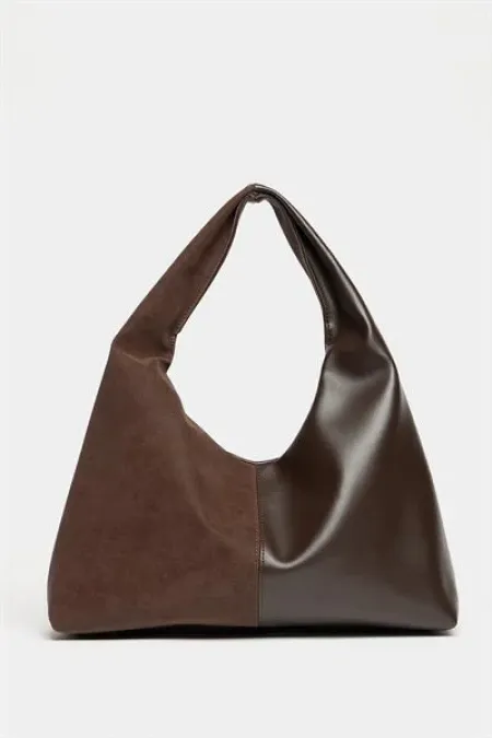 Women's Brown Suede and PU Leather Contrast Shopper Shoulder Bag - Soft Form Vintage Model Women's Brown Suede and PU Leather Contrast Shopper Shoulder Bag - Soft Form Vintage Model