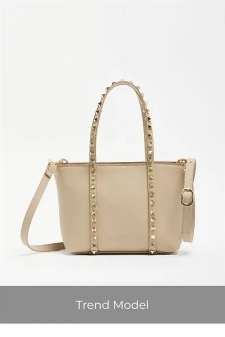 Mink Women's Small Size Stud Detailed PU Leather Buckle Hand and Shoulder Bag Mink Women's Small Size Stud Detailed PU Leather Buckle Hand and Shoulder Bag