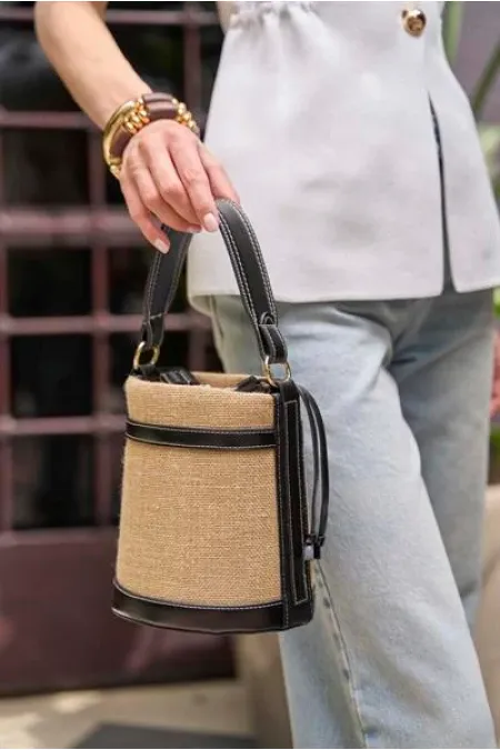 Black Straw Bucket Hand and Shoulder Bag with Contrast Stitching Black Straw Bucket Hand and Shoulder Bag with Contrast Stitching