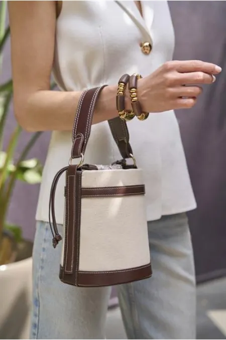 Contrast Stitched Bucket Hand and Shoulder Bag Canvas Brown Contrast Stitched Bucket Hand and Shoulder Bag Canvas Brown