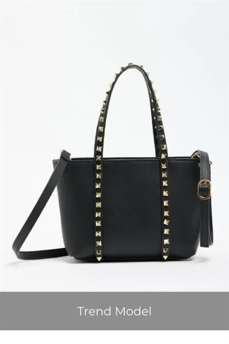 Black Women's Small Size Stud Detailed PU Leather Buckled Hand and Shoulder Bag Black Women's Small Size Stud Detailed PU Leather Buckled Hand and Shoulder Bag