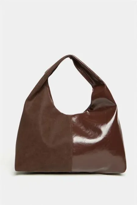 Women's Brown Suede and Patent Leather Contrast Design Shopper Shoulder Bag - Soft Form Vintage Model Women's Brown Suede and Patent Leather Contrast Design Shopper Shoulder Bag - Soft Form Vintage Model