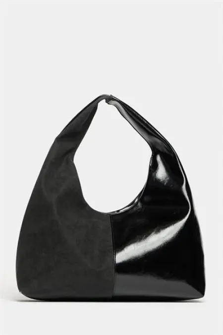 Women's Black Suede and Patent Leather Contrast Design Shopper Shoulder Bag - Soft Form Vintage Model Women's Black Suede and Patent Leather Contrast Design Shopper Shoulder Bag - Soft Form Vintage Model