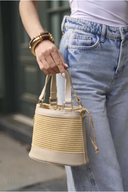 Bohemian Style Bucket Hand and Shoulder Bag Cream Straw Bohemian Style Bucket Hand and Shoulder Bag Cream Straw