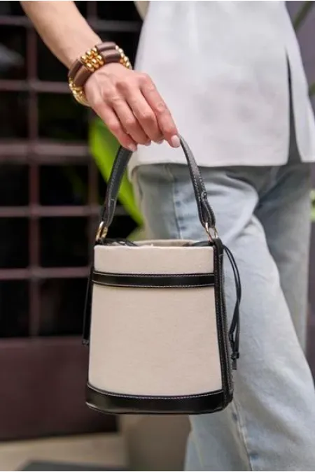 Contrast Stitched Bucket Hand and Shoulder Bag Canvas - Black Contrast Stitched Bucket Hand and Shoulder Bag Canvas - Black