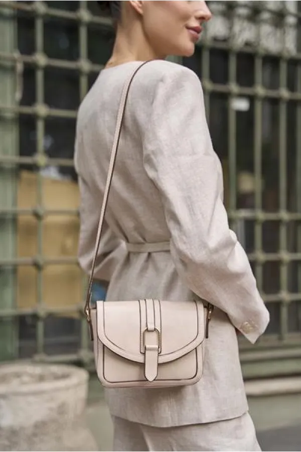 Tokalı Deri Görünümlü Mini  El ve Omuz Çantası Krem