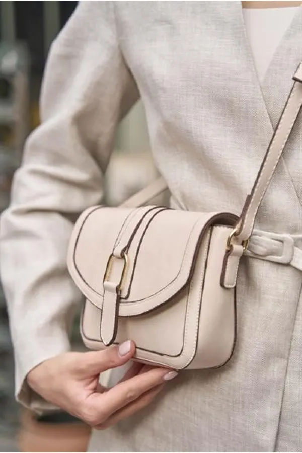 Tokalı Deri Görünümlü Mini  El ve Omuz Çantası Krem