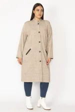 Grandad Collar Plaid Patterned Front Print Buttoned Pocket Faux Leather Garnished Unlined Long Coat