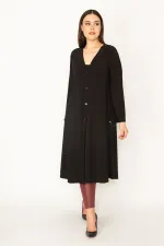 Women's Black Sandy Fabric Sequin Detailed Front Button Hooded Coat 65N31703