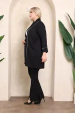 Women's Plus Size Black Steel Fabric Piping Detailed Cardigan Trouser Set 65N38349