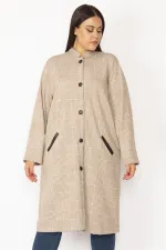 Grandad Collar Plaid Patterned Front Print Buttoned Pocket Faux Leather Garnished Unlined Long Coat