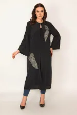 Women's Black Applique Detailed Single Hook Closure Cape 65N34502