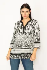 WOMEN'S BLACK PATTERNED TUNIC WITH BUTTONED FRONT PLACES