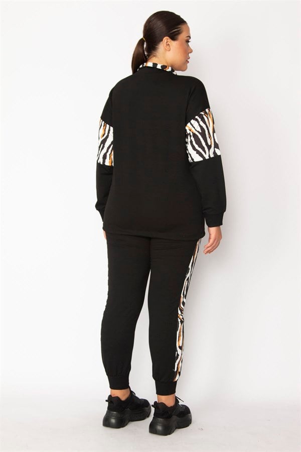 Women's Black Front Placket Zippered Garni Detailed Sweatshirt Trouser Set 65N28706