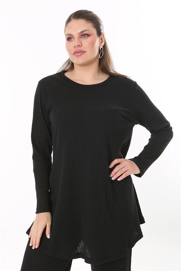 Women's Plus Size Black Blouse Trouser Set 65N37701