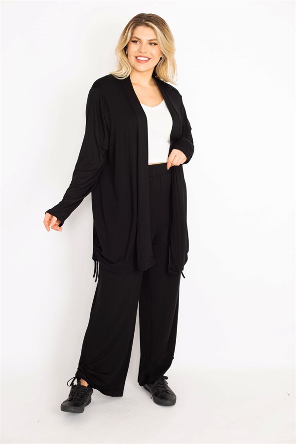 Women's Blue Side Lace Detailed Cardigan Trouser Set 65N34906