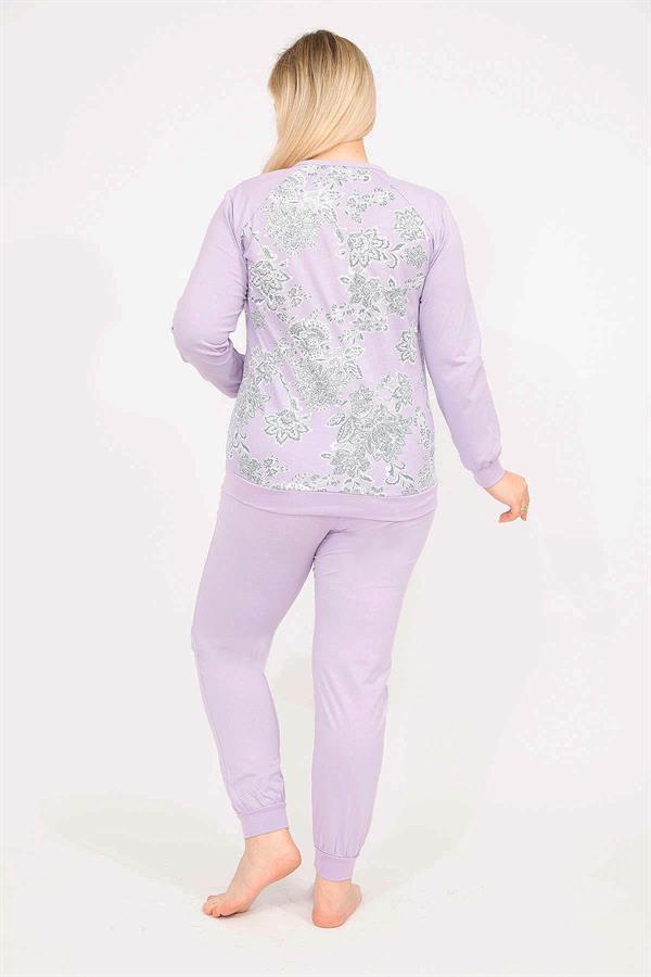 Kadın Lila Büyük Beden Pamuklu Kumaş Bluz Pantolon Pijama Takım 65N35795