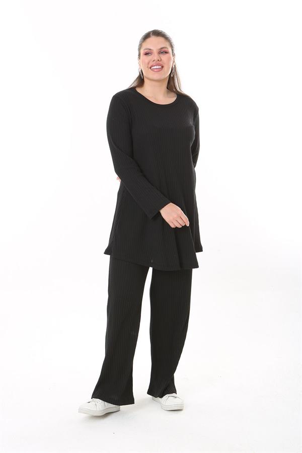 Women's Plus Size Black Blouse Trouser Set 65N37701