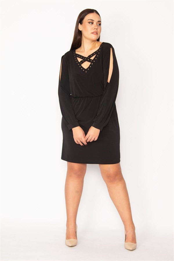 WOMEN'S BLACK COLLAR AND SLEEVE DETAILED DRESS WITH ELASTIC WAIST