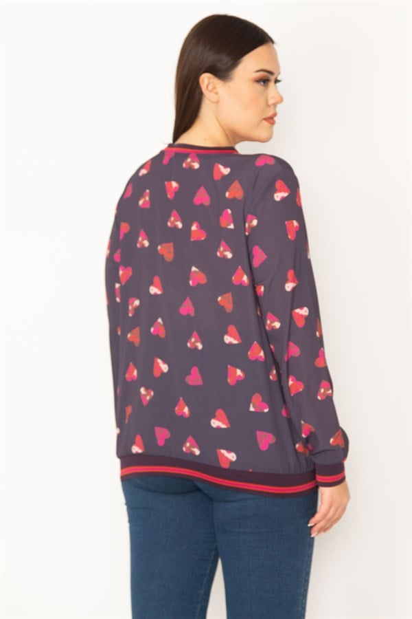 WOMEN'S COLORFUL HEART PATTERNED RIBBED BLOUSE