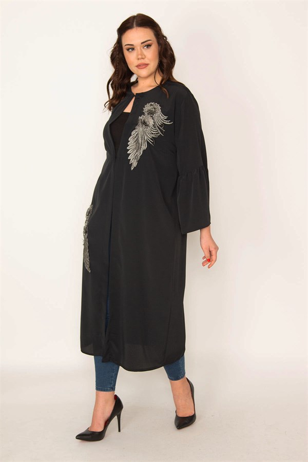 Women's Black Applique Detailed Single Hook Closure Cape 65N34502
